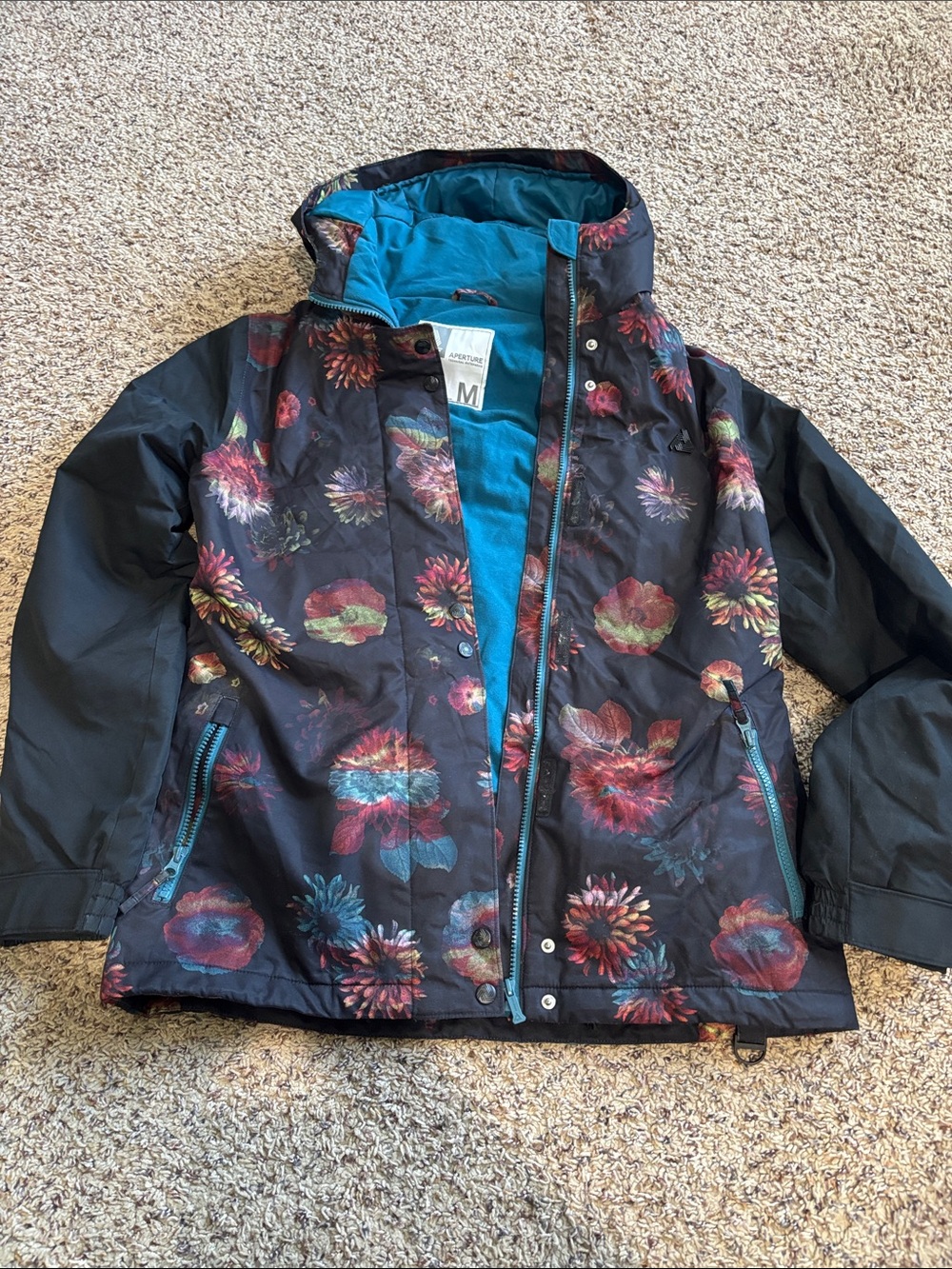 Aperture Women’s Black Floral Hooded Snowboard Jacket with Teal Lining